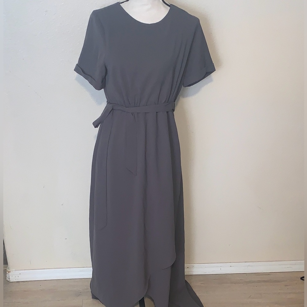 Polagram Gray high low wrap Dress belted keyhole maxi
